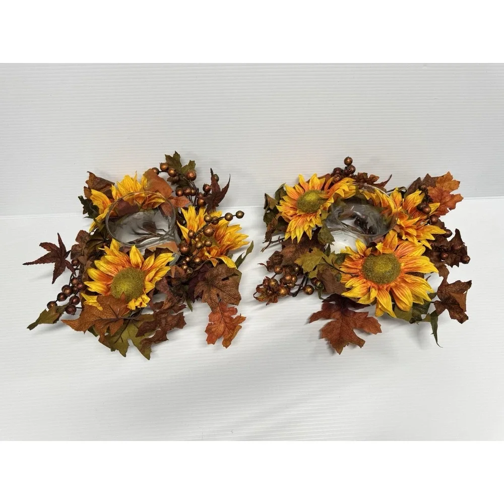 Set of 2 Domain Classic Harvest Sunflower Candle Holder Centerpieces Summer Fall